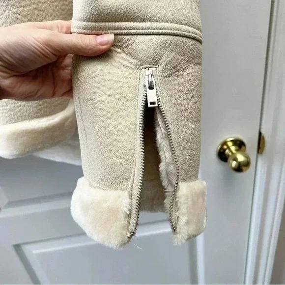 Topshop Cora Faux Shearling Moto Aviator Biker Jacket Cream Ecru Size 4 NWOT - Picture 9 of 16